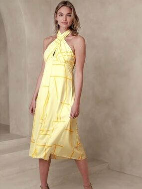 Banana Republic Yellow Lotus Halter Midi Dress Petite 6 NWT